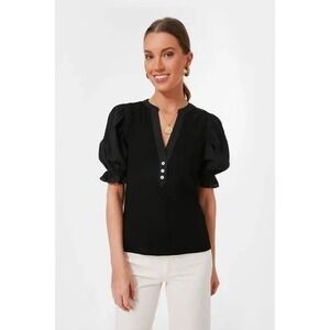 NWT!‎ POMMANDER PLACE Livia Black Puff Sleeve V-neck Top Size S